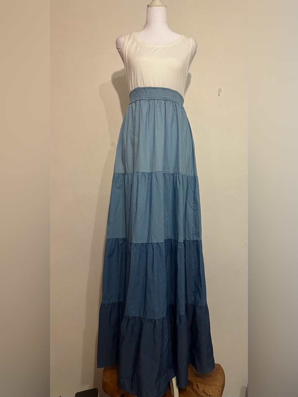 DRESS DAY Smocked Waist Tiered Maxi Dress Shades of Blue Boutique Bought